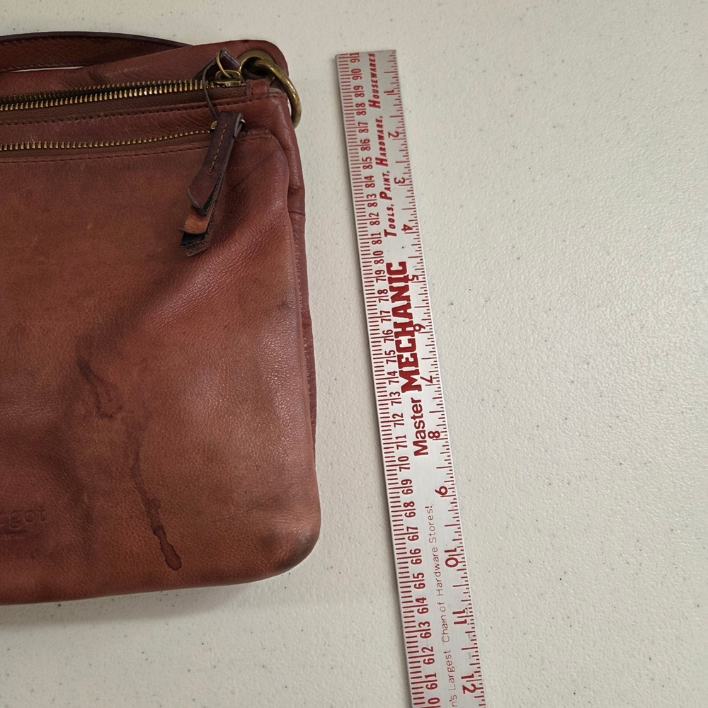 Margot New York Cognac Brown Genuine Leather Triple Zip Crossbody Bag Distressed - Picture 9 of 11